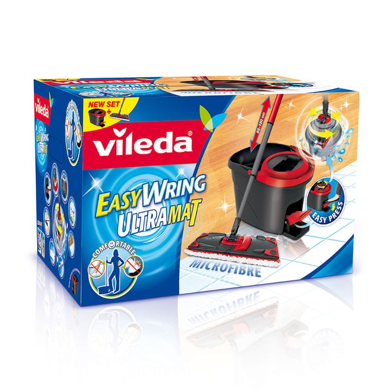 Set galeata Vileda cu pedala si storcator rotativ, mop si maner telescopic