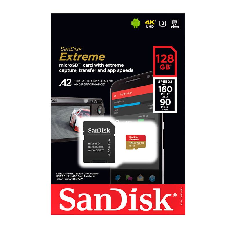 Card de memorie MicroSD Extreme SanDisk cu capacitate de 128GB si adaptor SD