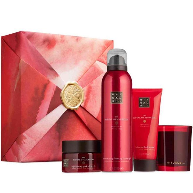 Set Kit Rituals Ritual Of Ayurveda 125 gr Exfoliant pentru corp cu sare + 200 ml Spuma de dus + 100 ml Crema de corp + 140 gr Lumanare, Femei