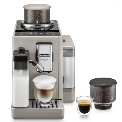 Espressor automat DeLonghi Rivelia EXAM 440.55.BG, 2 recipiente pentru boabe, Tehnologie Bean Adapt, carafa cu tehnologie LatteCrema Hot, 1450W, 19 bar, 1.4 l, Bej