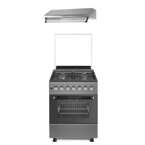 Pachet Studio Casa Aragaz Scala Graphite Grey 60 cm si hota clasica inox, 4 arzatoare gaz, Grill electric, Rotisor, Gratare fonta, Aprindere electrica, Clasa energetica A, Gri