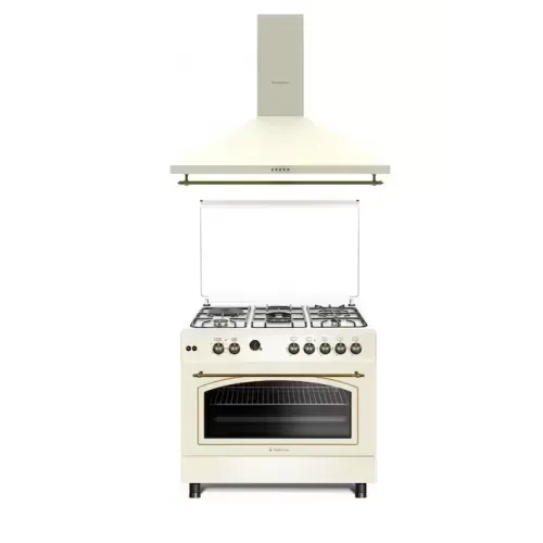 Pachet Tuscany 90 cm Studio Casa, Aragaz 90/60 cm si Hota Rustica 90 cm, Cuptor gaz, 4 arzatoare gaz + 1 ochi electric, Rotisor, Grill, Gratare fonta, Avena