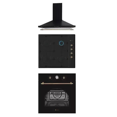 Pachet rustic incorporabil cuptor electric, plita gaz si hota decorativa Dolce Vita Black Studio Casa, Clasa energetica A, 6 functii, Grill, Ventilator, Gratare fonta, 1 motor turbo, Negru