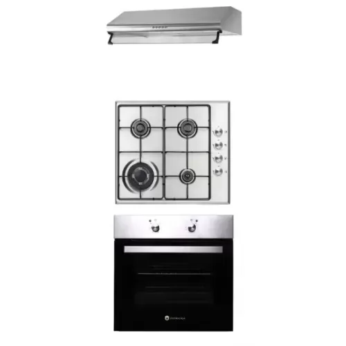 Pachet incorporabil Studio Casa Extra Milano, Cuptor electric multifunctional, Plita 4 arzatoare gaz, Wok, Hota clasica inox, Clasa A, Ventilator, 65 l, Inox