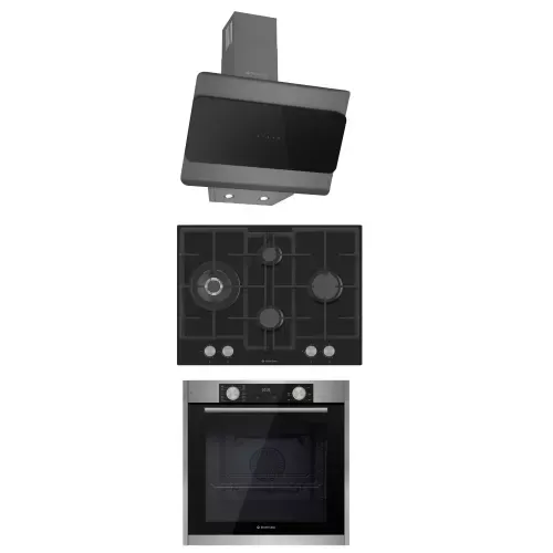 Pachet incorporabil Studio Casa Lean Bellagio, Cuptor electric, Plita gaz sticla neagra 70 cm si Hota decorativa sticla neagra, 10 functii, 81 l, Grill, Rotisor, Ventilator, Display Touch, Sticla neagra / Inox