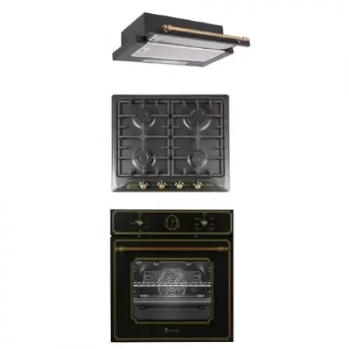 Pachet incorporabil cuptor electric ,plita gaz si hota telescopica Studio Casa Toscana Retro Black Rustic, Clasa A, Gratare fonta, Negru