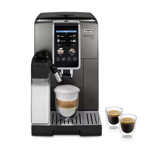 Espressor automat DeLonghi Dinamica Plus ECAM 380.95.TB, 2 carafe pentru lapte, tehnologie LatteCrema, 1.8 l, 1450 W, 15 bar, negru/gri inchis