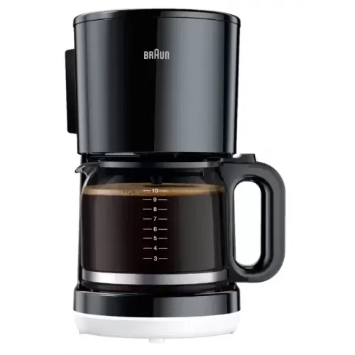 Cafetiera Braun KF1100BK, 1000 W, Carafa din sticla, Capacitate 1.38 L, Filtru pivotant, Sistem anti-picurare, Oprire automata, Negru